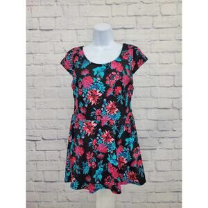 6R BLACK FLORAL A375184 Denim & Co. Beach Scoop Neck Cap Sleeve Swim Dress